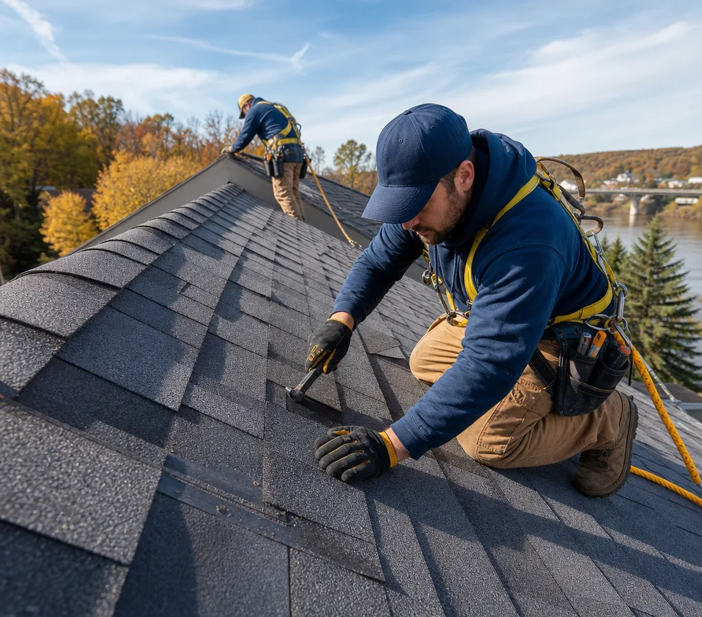 Roofing crew carefully repairing asphalt shingles on a pitched residential roof with fall protection visible