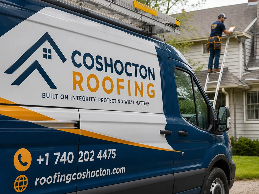 Roofer inspecting shingle edges, drip edge, and flashing at a Coshocton-area home's gutter line