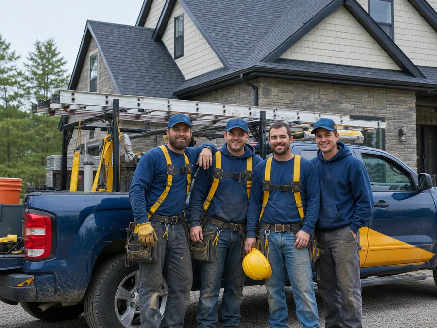Roofing Coshocton crew with safety gear and roofing tools beside a work truck and completed residential roof